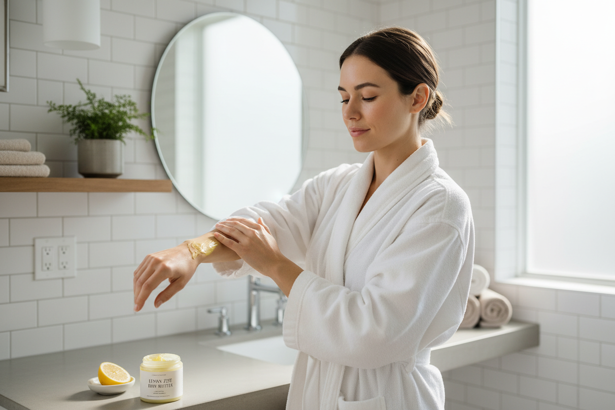 Woman applying lemon body cream for glowing skin