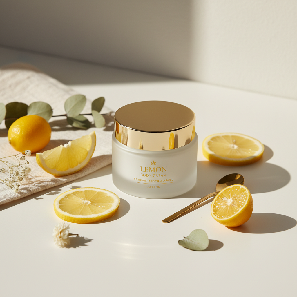 Luxurious lemon body cream with fresh lemons on vanity